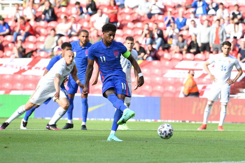 Marcus Rashford - 7: Captain for first time in absence of Harry Kane, produced some nice touches and his pace caused Romania problems. Shot wide with after good attacking run from half-way line on the hour mark. Calmly side-footed home from the spot after Grealish was fouled in box. AP