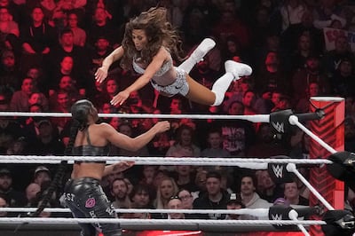 Carmella and Bianca Belair compete in a match during a WWE Monday Night Raw event in Boston. AP 
