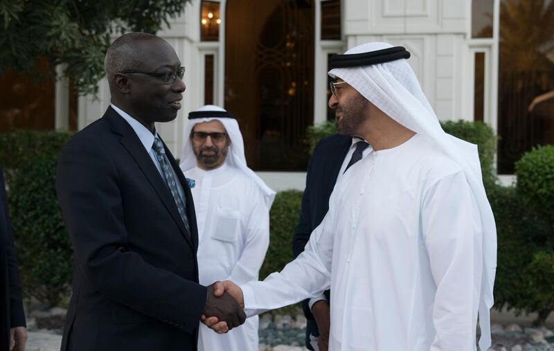 ABU DHABI, UNITED ARAB EMIRATES - December 11, 2017: HH Sheikh Mohamed bin Zayed Al Nahyan, Crown Prince of Abu Dhabi and Deputy Supreme Commander of the UAE Armed Forces (R), receives members of the Promoting Peace in Muslim Societies, during a Sea Palace barza.

( Mohamed Al Hammadi / Crown Prince Court - Abu Dhabi )
---