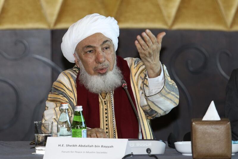 Sheikh Abdullah bin Bayyah, the head of a forum promoting peace in Muslim societies, speaks during the Religions for Peace conference in Abu Dhabi a year ago. (Sarah Dea / The National)

