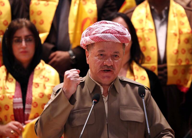 Massud Barzani leader of the Kurdistan Democratic Party (KDP) speaks during an electoral rally for the Kurdistan Democratic Party (KDP) in Arbil, the capital of the northern Iraqi Kurdish autonomous region on September 11, 2018. - Campaigning kicked off today for a parliamentary election in Iraq's autonomous Kurdish region amid political divisions a year after hopes for independence were dashed. (Photo by SAFIN HAMED / AFP)