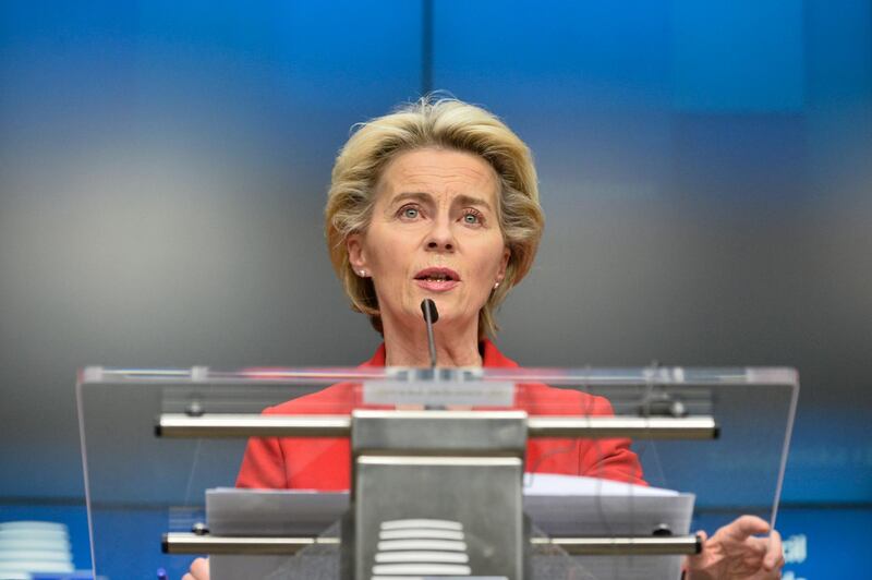 epa08714335 European Commission President Ursula von der Leyen speaks during a press conference during a European Union (EU) summit in Brussels, Belgium, 02 October 2020.