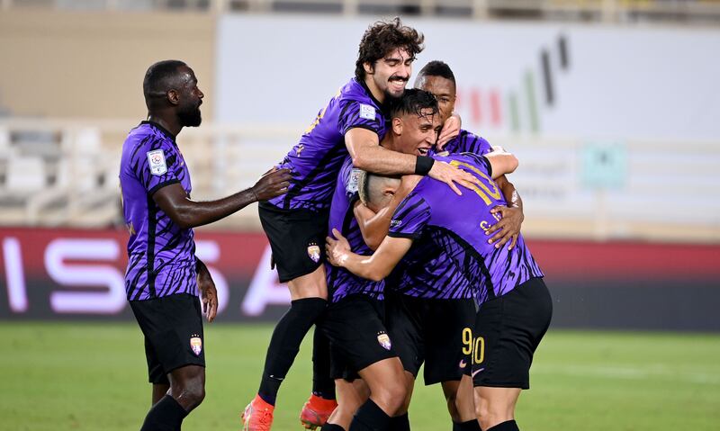 Al Ain players celebrate after scoring against Al Jazira in their 5-1 win in the Adnoc Pro League at Al Nahyan Stadium on Saturday, November 20, 2021. Photo: PLC