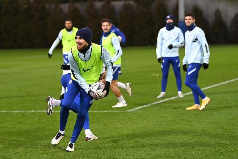 COBHAM, ENGLAND - FEBRUARY 09:  Jorginho of Chelsea during a warm down training session at Chelsea Training Ground on February 9, 2021 in Cobham, England. (Photo by Darren Walsh/Chelsea FC via Getty Images)