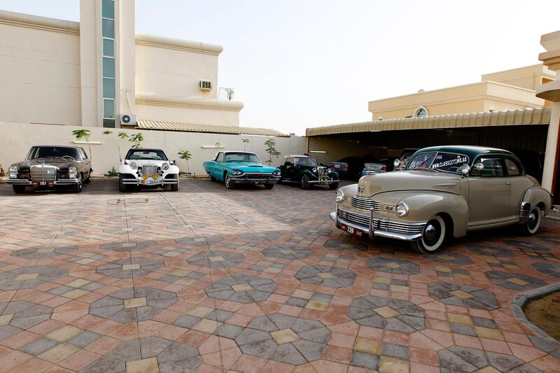 Sharjah, May 9, 2013 - Cars are on display in a line at the Mubarak brother's classic car "garage" in Sharjah, May 9, 2013.(Photo by: Sarah Dea/The National)


