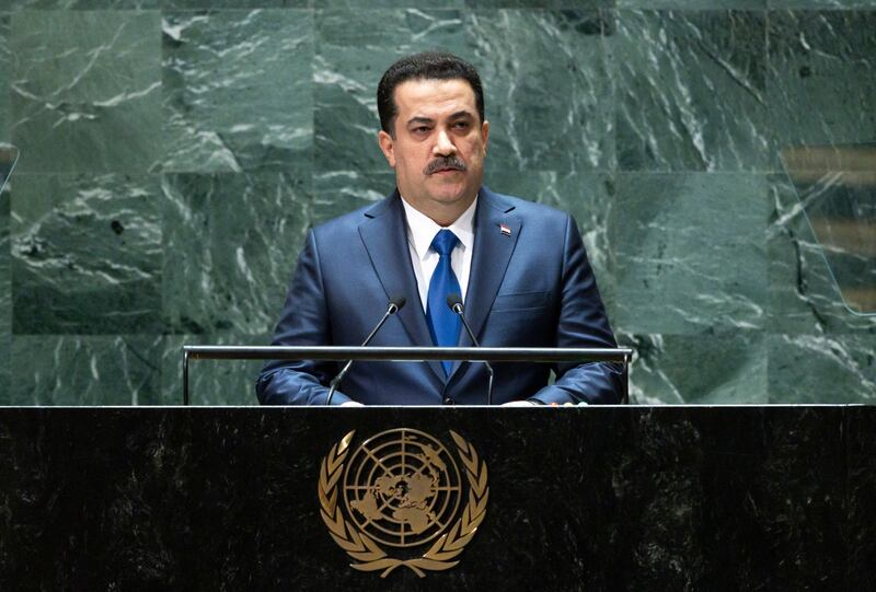 Iraq's Prime Minister Mohammed Shia Al Sudani addresses the 78th session of the UN General Assembly this month.  EPA