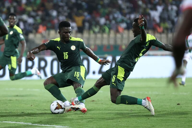 Idrissa Gueye scores Senegal's second goal just beating teammate Bamba Dieng to the ball. AFP