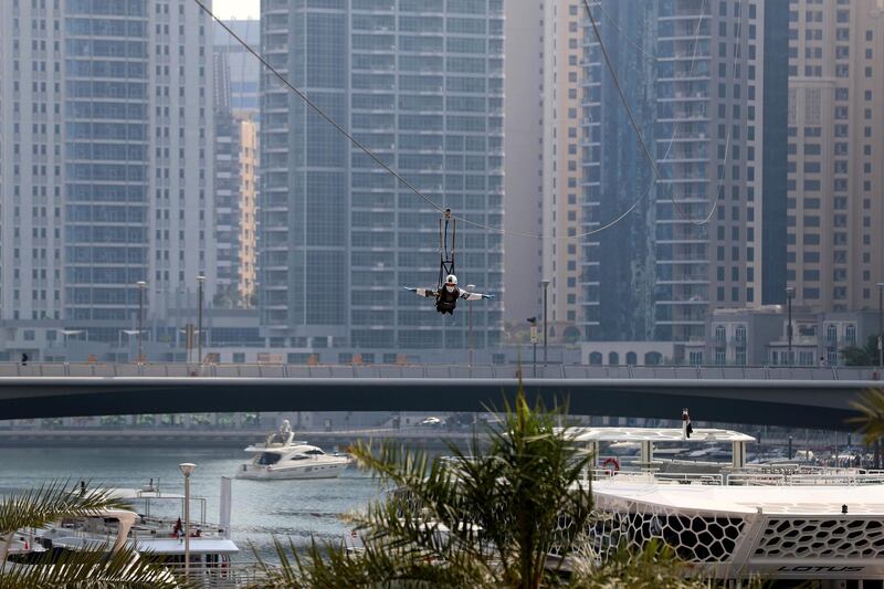 Dubai, United Arab Emirates - Reporter: N/A. Lifestyle. Marwa Makki is one of the first people to come down the XLine Dubai in the Marina after re opening due to Covid-19. Wednesday, June 2nd, 2020. Dubai. Chris Whiteoak / The National