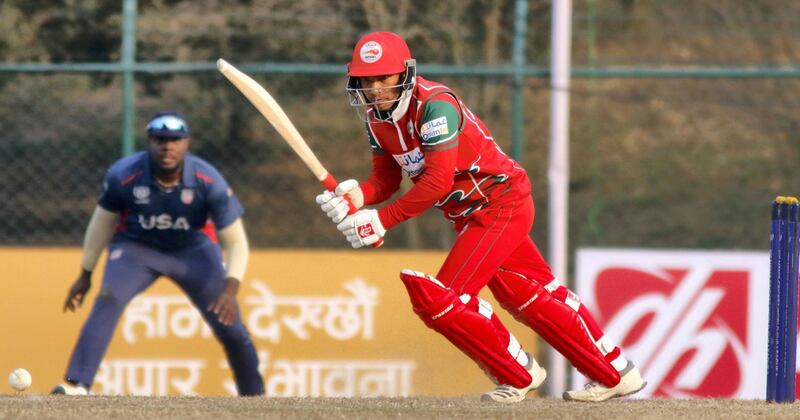 Suraj Kumar of Oman bats during the ICC Cricket World Cup League 2 match between USA and Oman at TU Cricket Stadium on 6 February 2020 in Nepal (2)