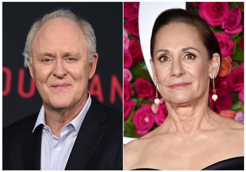 This combination photo shows John Lithgow at the world premiere of "The Accountant" in Los Angeles on Oct. 10, 2016, left, and Laurie Metcalf at the Tony Awards in New York on June 10, 2018. Metcalf and Lithgow are poised to star as Hillary Clinton and former President Bill Clinton in a new Broadway play.  â€œHillary and Clinton,â€ by Lucas Hnath, the author of â€œA Dollâ€™s House, Part 2,â€ is slated to open on Broadway in April 2019.  (AP Photo)