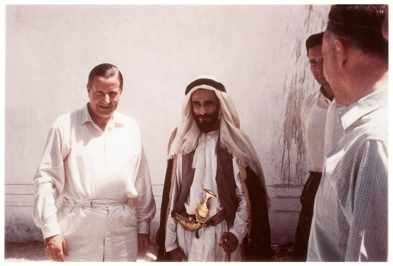 Ian Cuthbert with Sheikh Shakhbut bin Sultan Al Nahyan, the ruler of Abu Dhabi, in 1959. Courtesy Olivia Cuthbert
