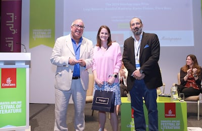 Montegrappa Prize Giving 2019: Luigi Bonomi, founder of Luigi Bonomi Associates (LBA), winner Polly Phillips and Charles Nahhas, Montegrappa’s Middle East distributor. Courtesy Emirates Airline Festival of Literature 