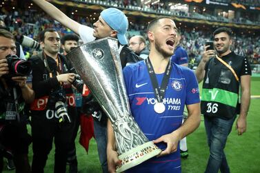 Eden Hazard celebrates with the Europa League trophy after what looks like it could have been his last game for Chelsea. Getty