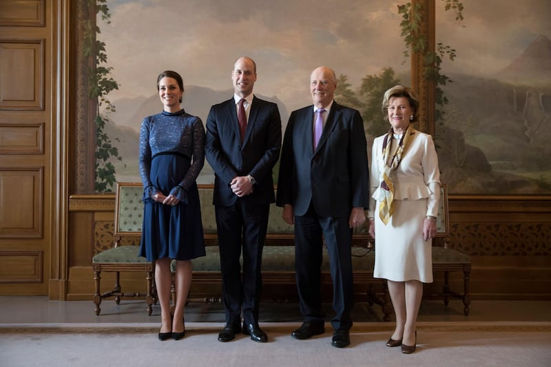 Britain's Prince William and his wife Kate, Duchess of Cambridge, left, pose for the media with Norway's King Harald, and Queen Sonja, at The Royal Palace  in Oslo, Norway. Vidar Ruud / NTB Scanpix via AP