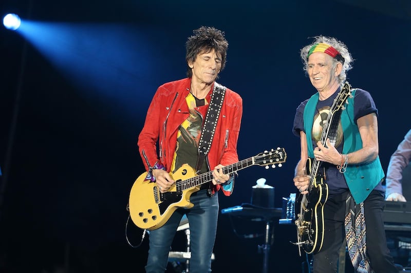 AUCKLAND, NEW ZEALAND - NOVEMBER 22:  Ronnie Wood (L) and Keith Richards (R) on guitar as The Rolling Stones perform live at Mt Smart Stadium on November 22, 2014 in Auckland, New Zealand.  (Photo by Fiona Goodall/Getty Images)