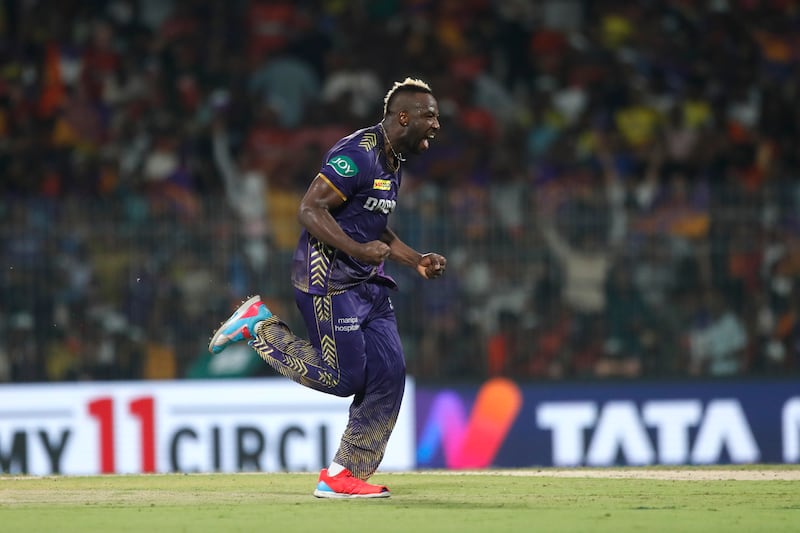 Andre Russell of Kolkata Knight Riders celebrates the wicket of Aiden Markram. Getty Images