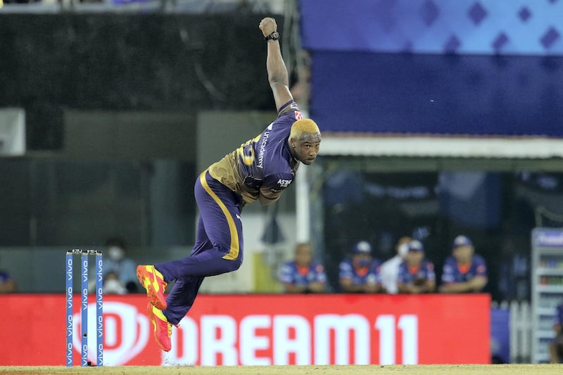 Andre Russell of Kolkata Knight Riders bowls during match 5 of the Vivo Indian Premier League 2021 between  the Kolkata Knight Riders and the Mumbai Indians held at the M. A. Chidambaram Stadium, Chennai on the 13th April 2021.

Photo by Faheem Hussain / Sportzpics for IPL