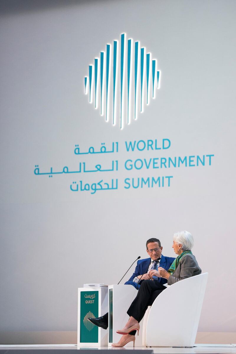 DUBAI, UNITED ARAB EMIRATES - February 11, 2018: Christine Lagarde, Managing Director of the International Monetary Fund (R), and Richard Quest (L), participate in a discussion during the World Government Summit. 
( Ryan Carter / Crown Prince Court - Abu Dhabi )
---