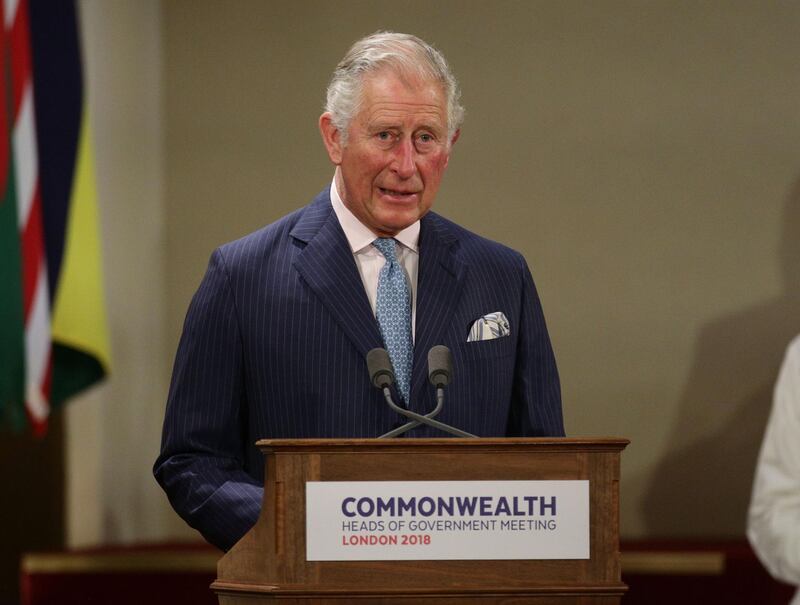 Britain's Prince Charles, Prince of Wales speaks at the formal opening of the Commonwealth Heads of Government Meeting (CHOGM) at Buckingham Palace in London on April 19, 2018. 
Queen Elizabeth II, the Head of the Commonwealth opened the Commonwealth summit for what may be the last time today. / AFP PHOTO / POOL / Yui Mok