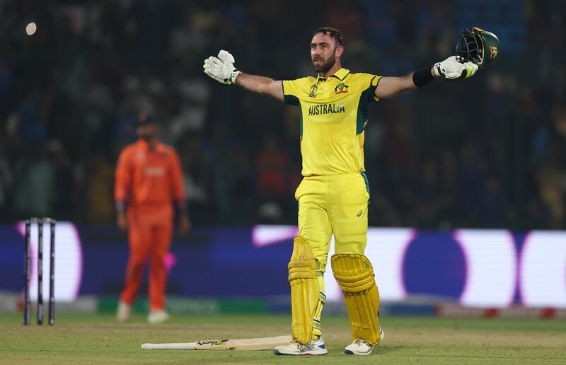 Glenn Maxwell celebrates making a century off 40 balls, the fastest in World Cup history, in Australia's 309-run victory against the Netherlands at Arun Jaitley Stadium in Delhi on October 25, 2023. Getty Images