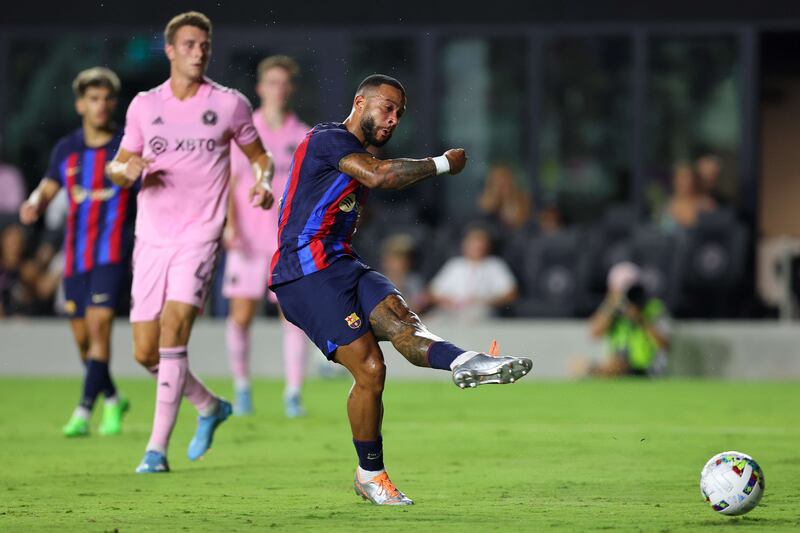 Memphis Depay scores for Barcelona in the friendly match against Inter Miami at DRV PNK Stadium in Florida on Tuesday, July 19, 2022. AFP
