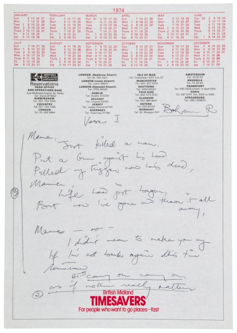 Mercury’s working lyrics for Bohemian Rhapsody, estimated at between £800,000 and £1.2 million