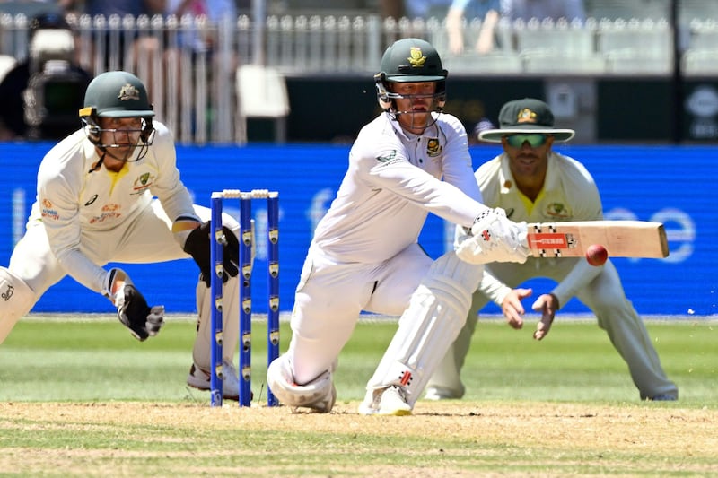 South African batsman Kyle Verreynne plays a reverse sweep. AFP