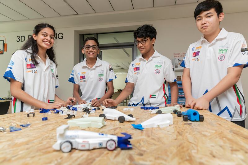 Karthika Ajay, Gautam Nambiar, Wayne D’Souza and Daren Tan, all Year 9 pupils at Hartland International School, won the F1 sustainability award. Antonie Robertson / The National