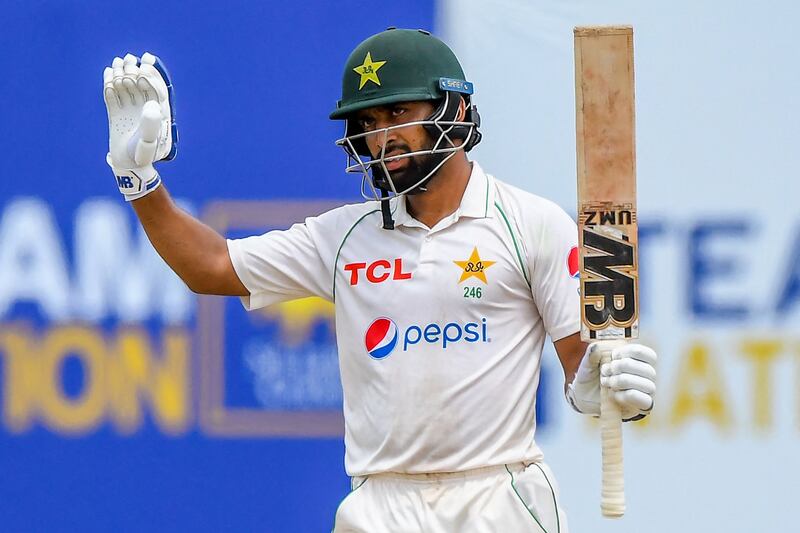 Pakistan’s Abdullah Shafique celebrates after reaching 150 during the final day of the first Test against Sri Lanka at the Galle International Stadium on Wednesday, July 20, 2022. AFP