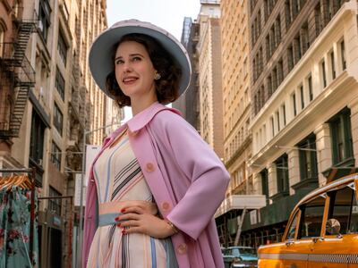 This image released by Amazon Studios shows Rachel Brosnahan in a scene from "The Marvelous Mrs. Maisel." The program is nominated for a Golden Globe for best comedy series. (Philippe Antonello/Amazon Studios via AP)