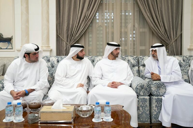ABU DHABI, UNITED ARAB EMIRATES - November 21, 2019: HH Sheikh Nahyan bin Mubarak Al Nahyan, UAE Minister of State for Tolerance (R), receives mourners who are offering condolences on the passing of the late HH Sheikh Sultan bin Zayed Al Nahyan, at Al Mushrif Palace.

( Eissa Al Hammadi for the Ministry of Presidential Affairs )
---