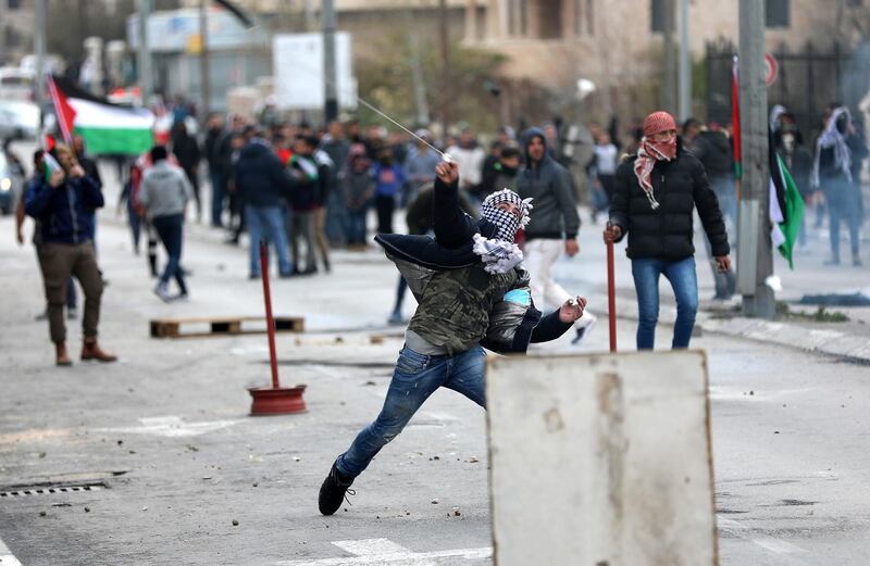 Palestinians clash with Israeli security forces following a protest in the West Bank city of Bethlehem, 29 January 2020. EPA