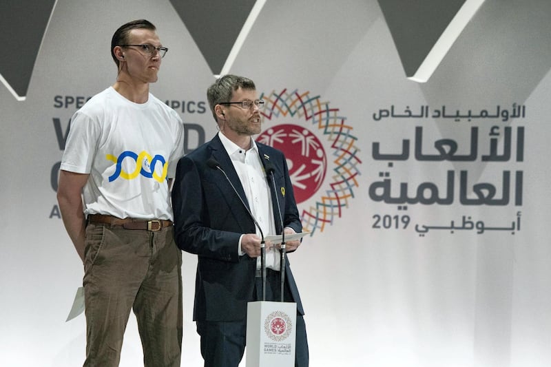 ABU DHABI, UNITED ARAB EMIRATES - March 21, 2019: Representatives of the next Special Olympics, deliver a speech during the closing ceremony of the Special Olympics World Games Abu Dhabi 2019, at Zayed Sports City.  

( Hamad Al Mansoori for Ministry of Presidential Affairs )
---