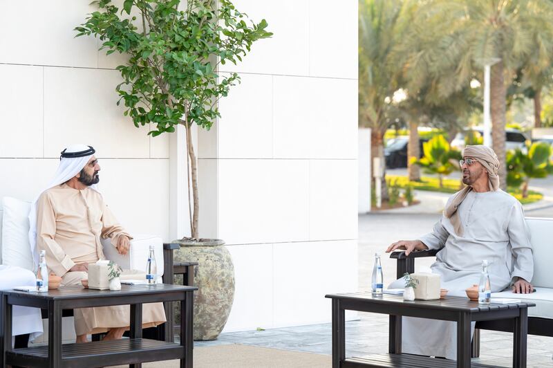 Sheikh Mohammed bin Rashid, Vice-President and Ruler of Dubai with Sheikh Mohamed bin Zayed, Crown Prince of Abu Dhabi and Deputy Supreme Commander of the Armed Forces at Al Shati Palace. All images Ministry of Presidential Affairs
