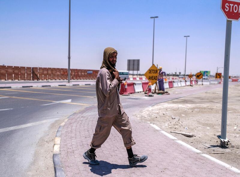 Abu Dhabi, United Arab Emirates, June 15, 2019.  
The UAE's mandatory midday break for people working outdoors during the summer months will come into force on Saturday. --   a worker during midday break at Khalifa City.
Victor Besa/The National
Section:  NA
Reporter: