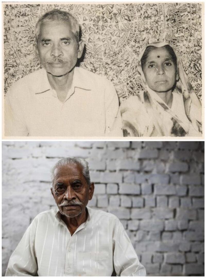 A combination picture shows Ram Chandra. left, with his wife Prema in an undated family photograph, top, and, bottom, Ram Chandra alone in Bhopal.