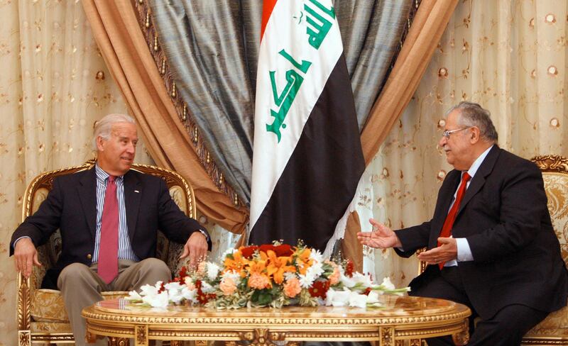 US vice president-elect Joe Biden is seen during a meeting with Iraqi President Jalal Talabani in Baghdad on January 12, 2009. The Delaware senator, who will surrender his seat to assume the US vice presidency on January 20, arrived in Iraq today via Kuwait to meet with Iraqi officials. AFP PHOTO / POOL / ATEF HASSAN (Photo by ATEF HASSAN / POOL / AFP)