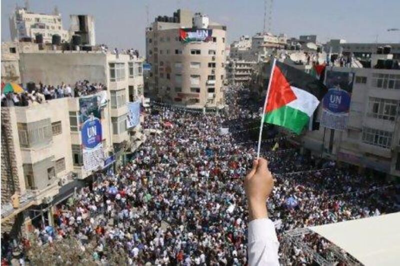 Thousands of Palestinians attend a demonstration in support the Palestinian bid for statehood recognition yesterday in the West Bank city of Ramallah. ABBAS MOMANI / AFP PHOTO
