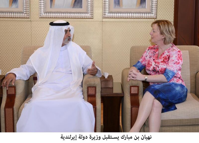 Sheikh Nahyan bin Mubarak, Minister of Culture and Knowledge Development, meets with Regina Doherty, Irish Minister of State at the Department of the Taoiseach (Government Chief Whip), and her accompanying delegation, at his palace on Wednesday. Wam