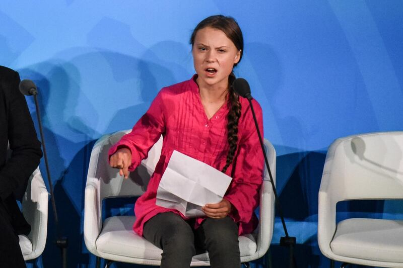 NEW YORK, NY - SEPTEMBER 23: Youth activist Greta Thunberg speaks at the Climate Action Summit at the United Nations on September 23, 2019 in New York City. While the United States will not be participating, China and about 70 other countries are expected to make announcements concerning climate change. The summit at the U.N. comes after a worldwide Youth Climate Strike on Friday, which saw millions of young people around the world demanding action to address the climate crisis.   Stephanie Keith/Getty Images/AFP
== FOR NEWSPAPERS, INTERNET, TELCOS & TELEVISION USE ONLY ==
