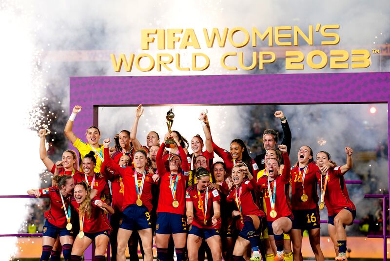 Spain players celebrate after beating England in the Fifa Women's World Cup final at Stadium Australia in Sydney on August 20, 2023. PA