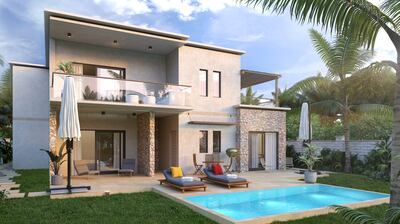 A three-bedroom, double-storey pool villa. Residences have a contemporary, airy design, with stone-work facades and whitewashed walls. Courtesy Blue Amber