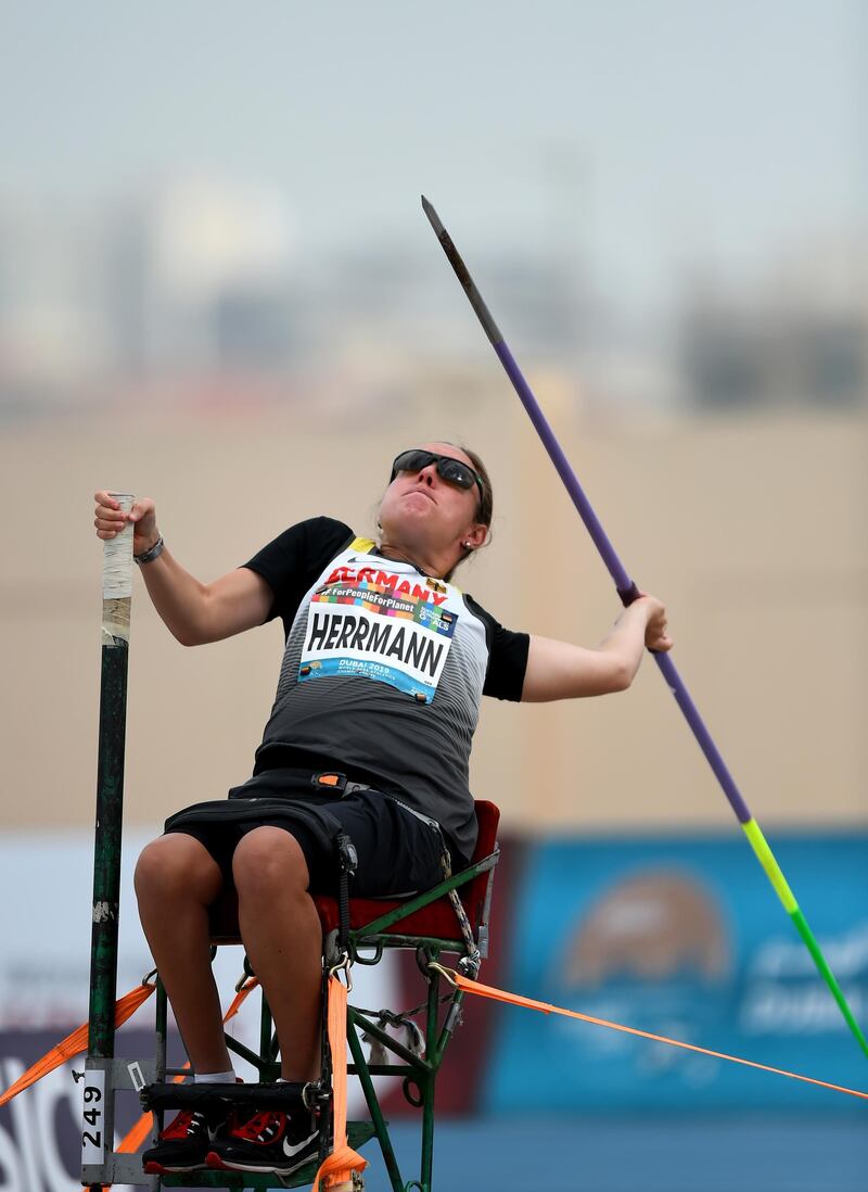 Frances Herrmann of Germany competes during the women's javelin throw F34 at the World Para Athletics Championships 2019 in Dubai. Getty Images