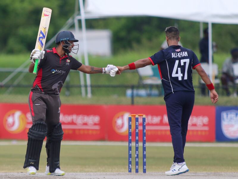 Ali Khan congratulates Chirag Suri after the UAE opener reached his half century in Cricket World Cup League 2 in Texas. Courtesy USA Cricket. Photo: USA Cricket