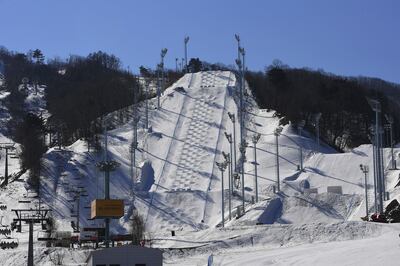 This picture taken on February 18, 2017 shows a general view of moguls venue at Bokwang Phoenix Snow Park, the venue of the freestyle skiing and snowboard events for the upcoming PyeongChang 2018 Winter Olympic Games in Pyeongchang.  / AFP PHOTO / JUNG Yeon-Je