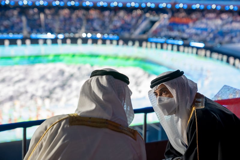 Sheikh Mansour, right, speaks with Sheikh Mohamed.