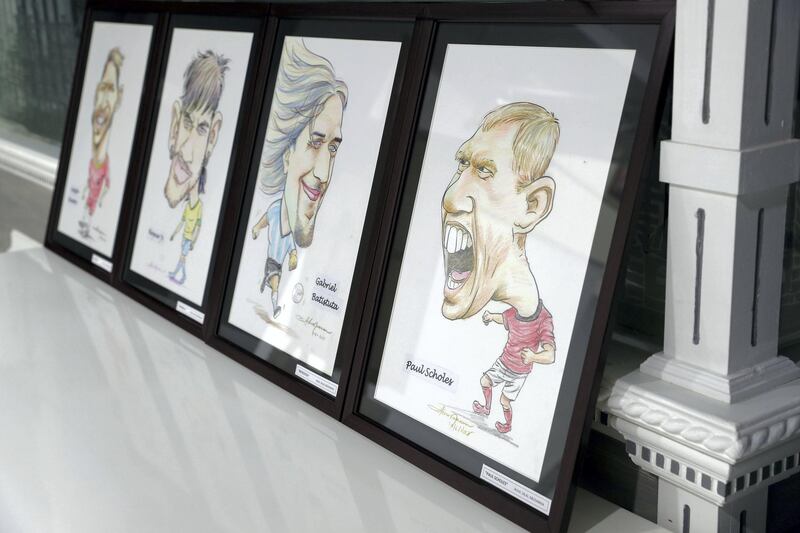 Dubai, United Arab Emirates - August 9, 2018: Caricatures of footballers by Jalal Abusamma. A sneak preview of the re opening of the Cartoon Gallery after changing location. They also have an exhibition on from the 16th-22nd of Aug. Thursday, August 9th, 2018 in Al Quoz, Dubai. Chris Whiteoak / The National