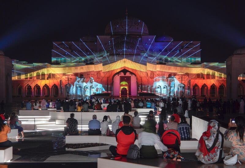 Abu Dhabi, United Arab Emirates, December, 1, 2020.  The 49th UAE National Day celebrations at Qasr Al Watan.  Projector show, Palace in Motion, Colors of the UAE.
Victor Besa/The National
Section:  National News