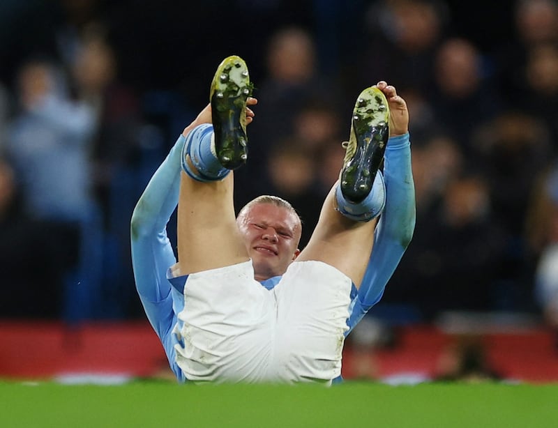 Manchester City's Erling Haaland after being felled by Fabian Schar. Reuters  
