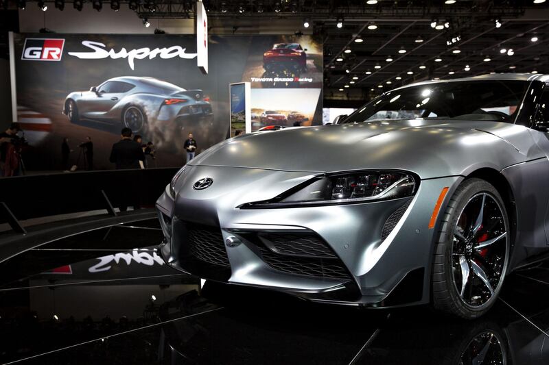 The Toyota Motor Corp. 2020 Supra vehicle sits on display during the 2019 North American International Auto Show (NAIAS) in Detroit, Michigan, U.S., on Tuesday, Jan. 15, 2019. It's the first time the automaker has built a throwback sports car that includes BMW DNA—the modern Supra shares much of its engineering and mechanics (chassis, engine) with the Z4, BMW's $50,000 coupe. Photographer: Daniel Acker/Bloomberg